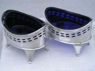 1789 Silver Holmes Pair Salts & Blue Glass Liners 115g photo