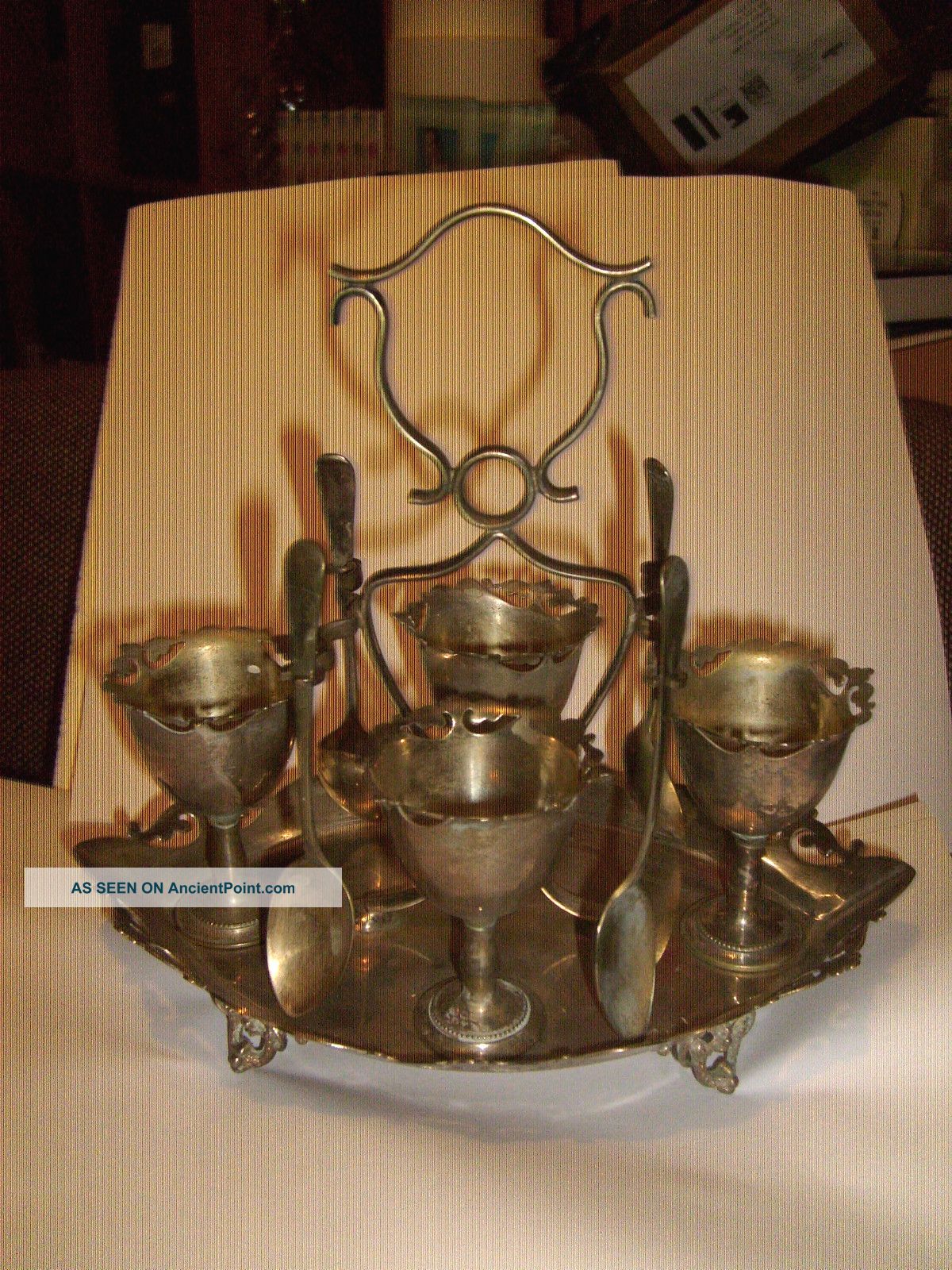 Old Silver Plated Breakfast Stand With 4 Eggcups & Spoons Platters & Trays photo