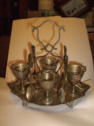 Old Silver Plated Breakfast Stand With 4 Eggcups & Spoons photo