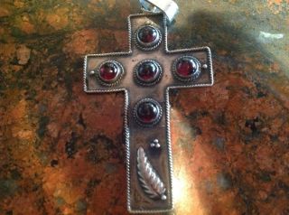 Sterling Silver Cross Crucifix Pendant With Red Cabochons photo