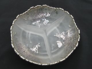 Vintage 3 Section Frosted Glass Dish W Silver Overlay Grapes And Vines Design photo