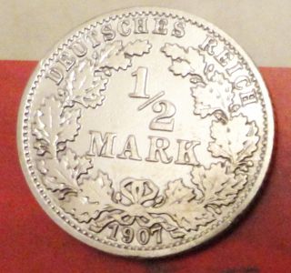 1/2 Mark 1907 A Germany Silver Coin Berlin Mint photo