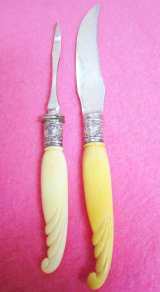 Antique Bakelite & Sterling Fruit Knife & Nut Pick Ornate Scroll Handle photo