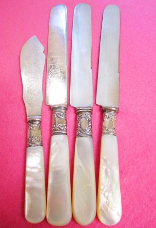 4 Antique Mother - Of - Pearl & Sterling Knives Gorgeous Silverware Victorian photo