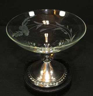 Amazing Weighted Sterling Silver Base Etched Glass Bowl/candy Dish photo