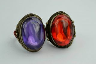 - China Collectibles Old Handwork Red & Purple Pair Zircon Ring photo