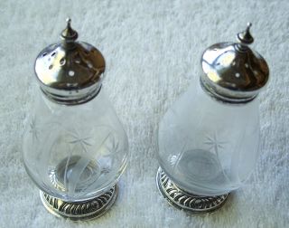 Vintage Sterling Silver & Floral Design Etched Glass Salt & Pepper Shakers 101g photo