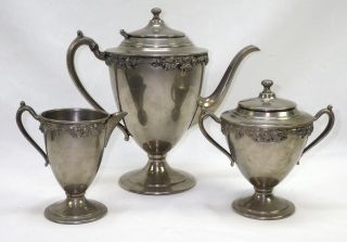 Antique Silver Plate Tea Set Grape & Cable Tea Pot Creamer & Sugar Bowl photo