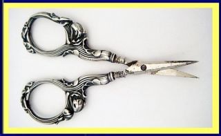 Antique Art Nouveau Pair Sewing / Embroidery / Nail Scissors St Silver (5077) photo