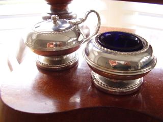 Vintage Set Of 1950 ' S Silver Plated Salt & Mustard Pot With Blue Glass Liner photo