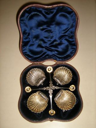 4 Antique George Unite Sterling Silver Shell Salt Cellars Spoons Birmingham 1863 photo