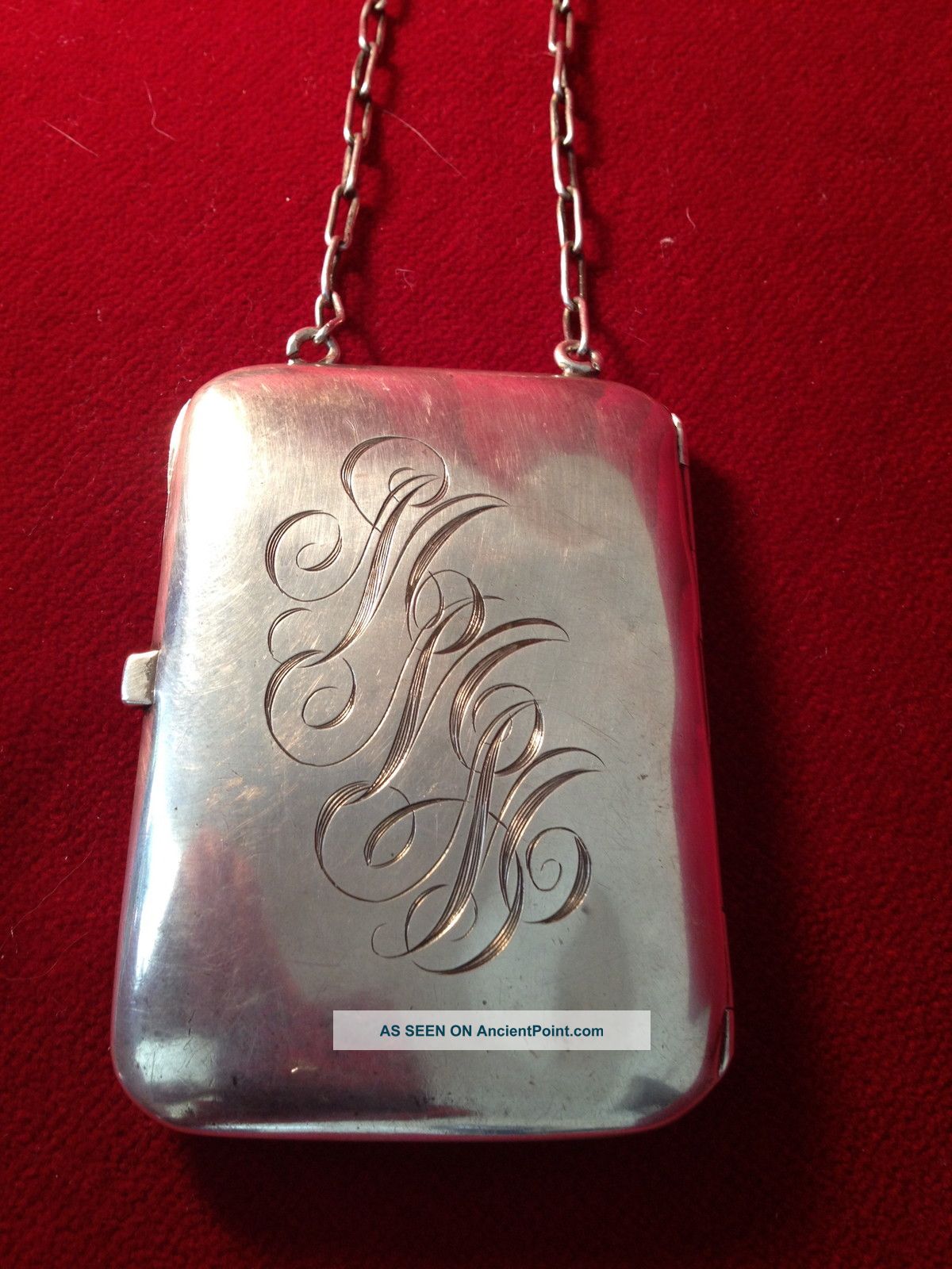 Antique Sterling Silver Money Case,  Hand Engraved Monogram,  W/chain - Stamped Cv Other photo