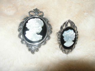 Vintage Matching 925 Silver Marcasite Onyx,  Mother Of Pearl Cameo Pendant & Ring photo