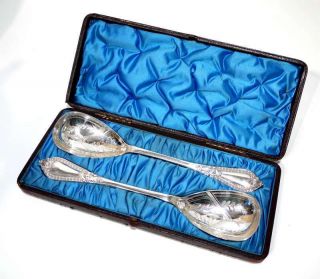 Pair Of Antique Victorian Aesthetic Period Serving Spoons In Fitted Case C1880. photo