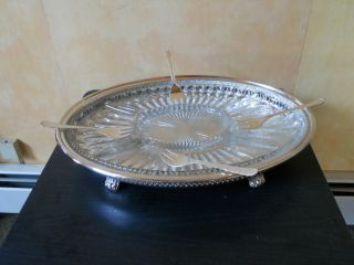 Vintage Leonard Silverplate Footed Tray With Glass Insert & Serving Forks photo