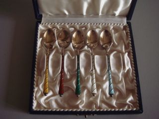Ela Denmark 5 Sterling Silver Demitasse Enamel Spoons In Box photo