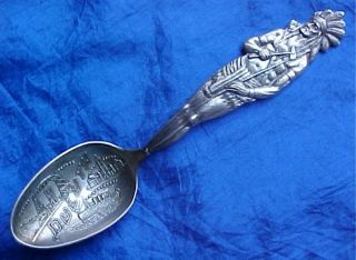 Sterling Silver Souvenir Spoon.  Indian Chief (warrior) Aerial Bridge High School photo