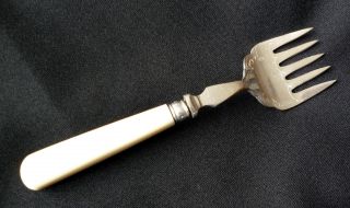 5 - Pronged Silver - Plated Antique Bone - Handled Fish Fork photo
