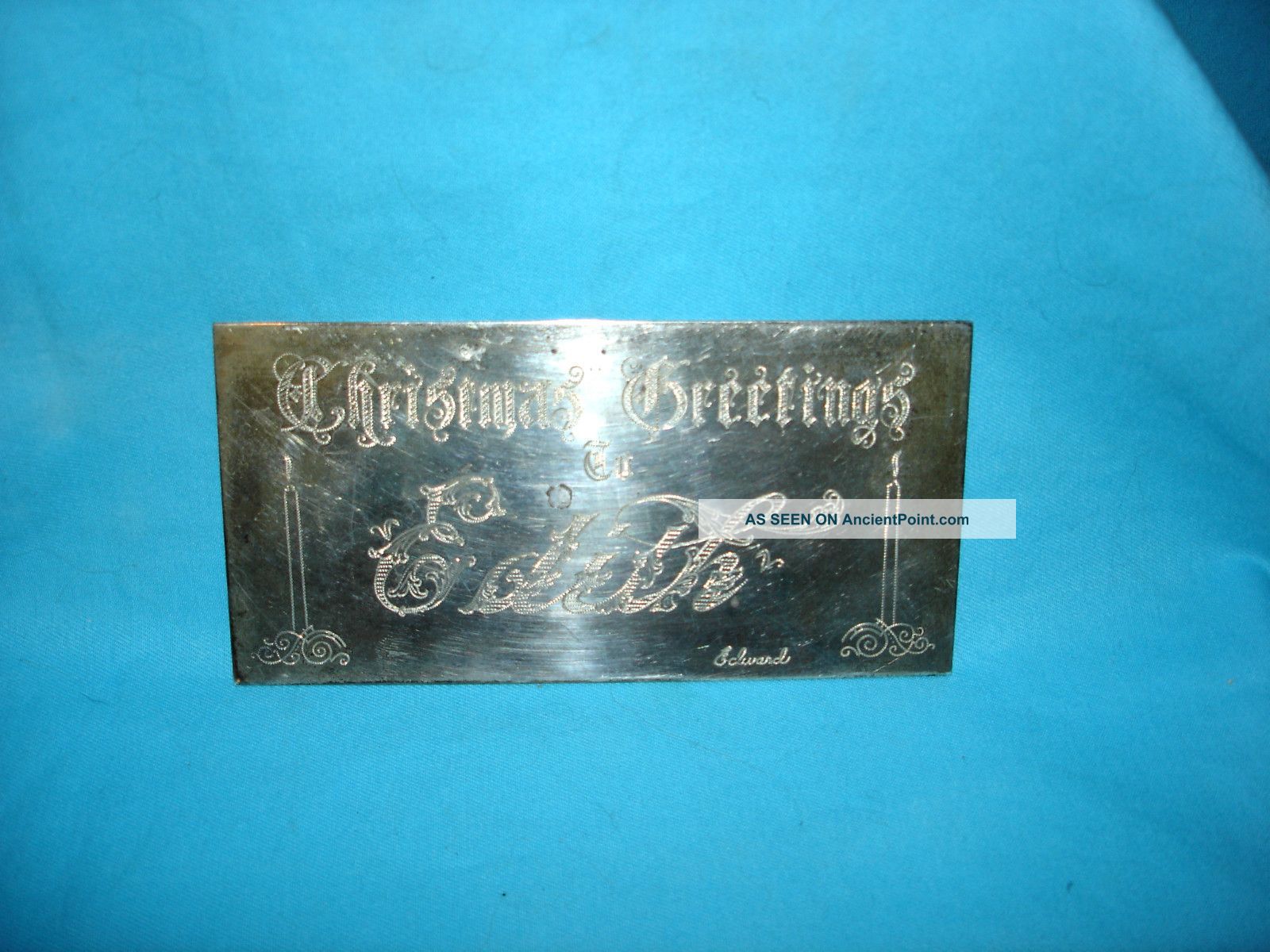 Victorian Sterling Silver Christmas Greeting Etched Plaque/card,  Rare Other photo