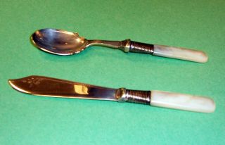 Silver Plate Mother Of Pearl Master Knife & Jam Spoon Set England photo