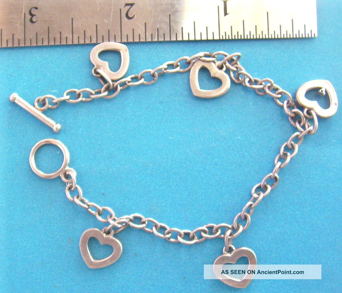 Sterling Silver Charm Bracelet W/ 5 Heart Charms - 11.  2 Grams,  1/3 Oz Other photo