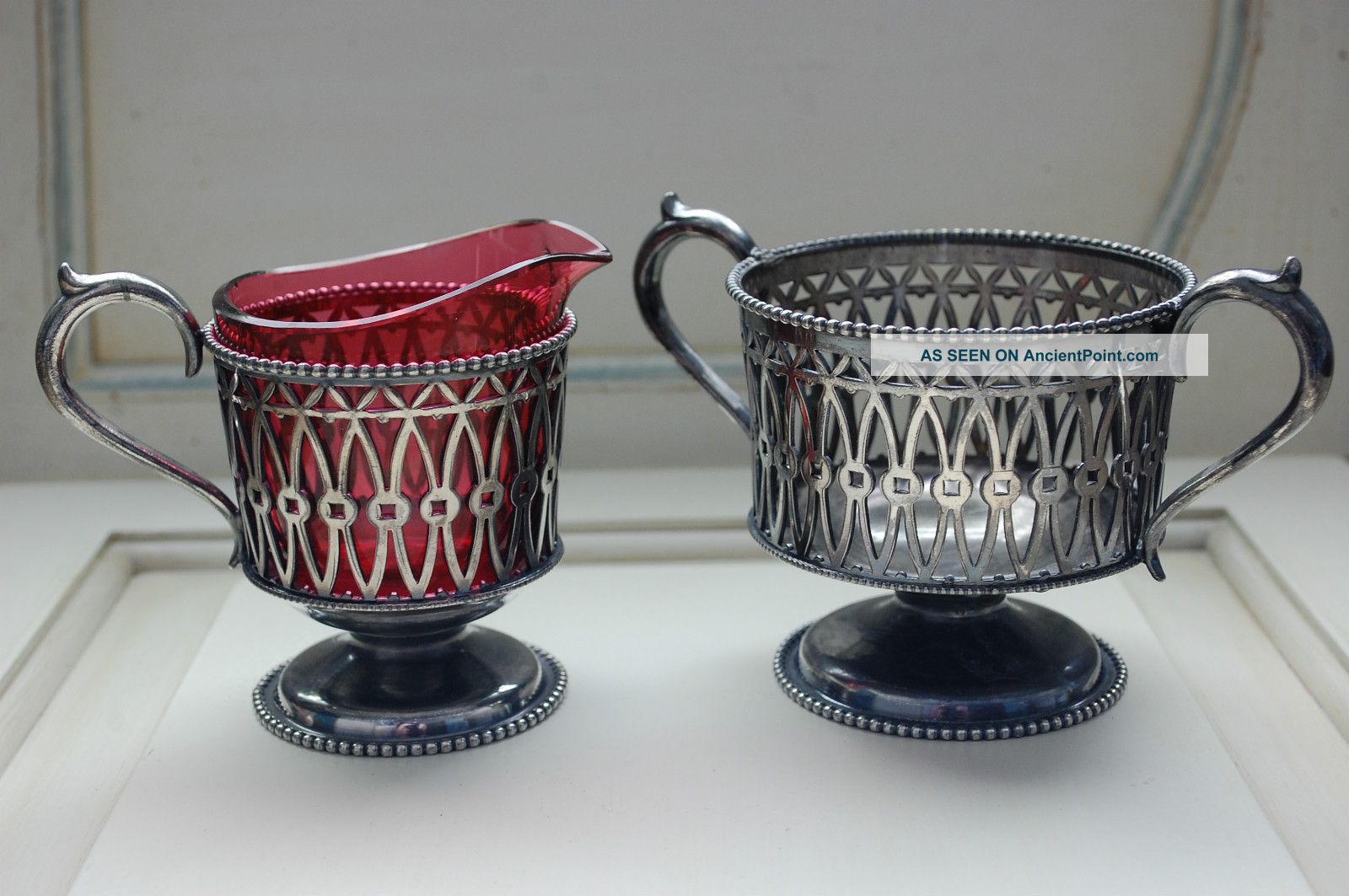 Victorian,  Antique,  Forbes Co.  Silverplate Sugar And Creamer With Ruby Crystal Bowls photo