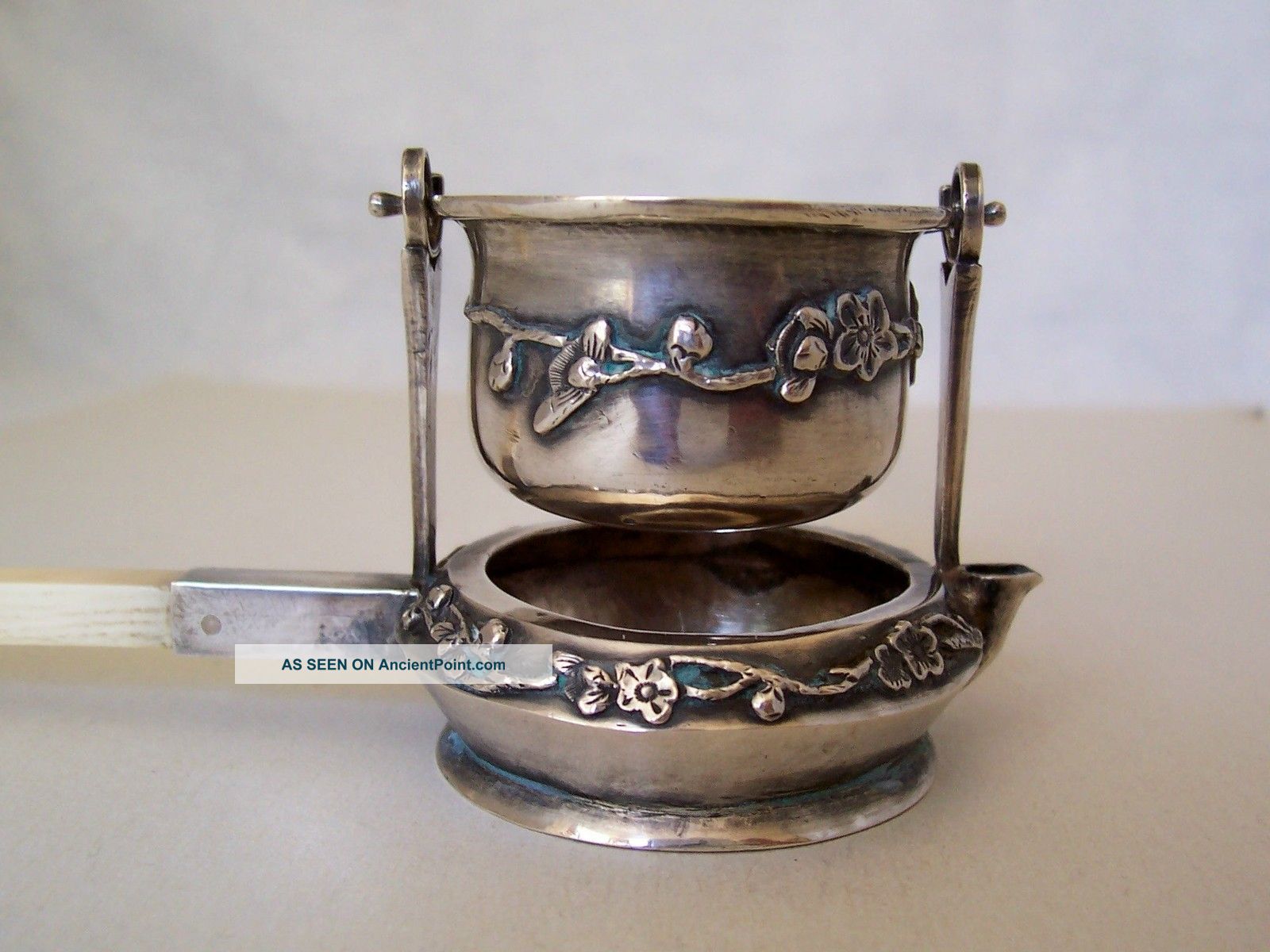 Antique Sterling Silver Tea Basket,  Ball,  Strainer W/ Matching Holder,  Floral Tea/Coffee Pots & Sets photo