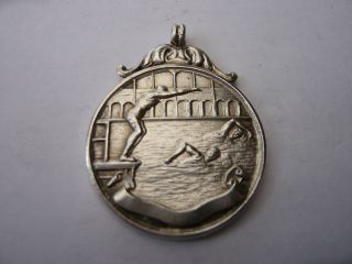 Good Vintage Silver Pocket Watch Chain Fob Medal Swimming Hms Valhalla 1920,  S photo