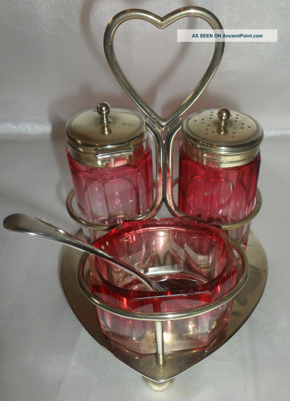A Gorgeous Victorian Cranberry Glass & Silver Plate Condiment Set & Tray Salt & Pepper Cellars/ Shakers photo