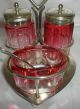 A Gorgeous Victorian Cranberry Glass & Silver Plate Condiment Set & Tray Salt & Pepper Cellars/ Shakers photo 1