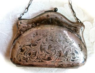 Ornate Sterling Silver Victorian Purse Marked Anchor Lion R Kiss Closure Hinged photo