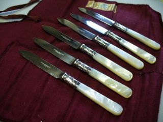 Antique Mop Fruit Knife Set Of 6 With Sterling Silver Band photo