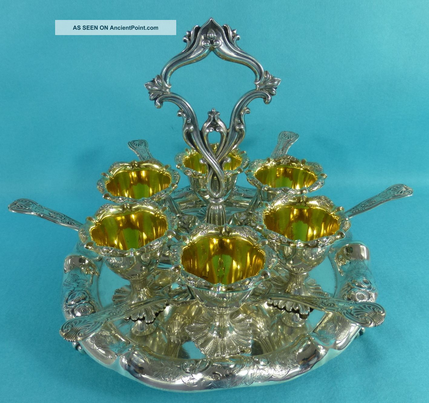 Magnificent Victorian Sterling Silver Egg Cruet Stand 6 Cup Spoon Elkington 1859 Other photo