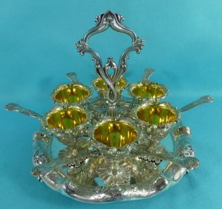 Magnificent Victorian Sterling Silver Egg Cruet Stand 6 Cup Spoon Elkington 1859 photo