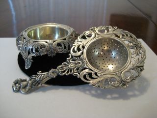 Lovely European Early Art Nouveau Sterling Tea Strainer On Stand,  C1880 - 1900 photo