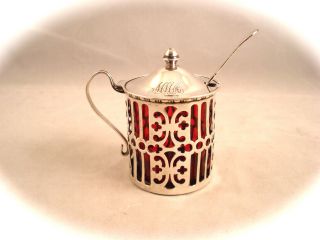 Antique Gorham Reticulated Sterling Silver Cranberry Glass Mustard Pot,  Excellent photo