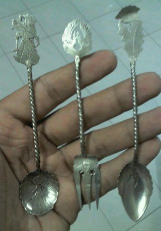3 Vintage Silver 800 Souvenir Spoon Fork Indonesia Java Wayang photo