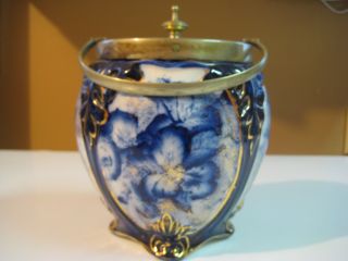 E.  P.  N.  S.  Lid Bisquit Cookie Jar - Blue,  Gold And White Pattern - Silver Lid photo