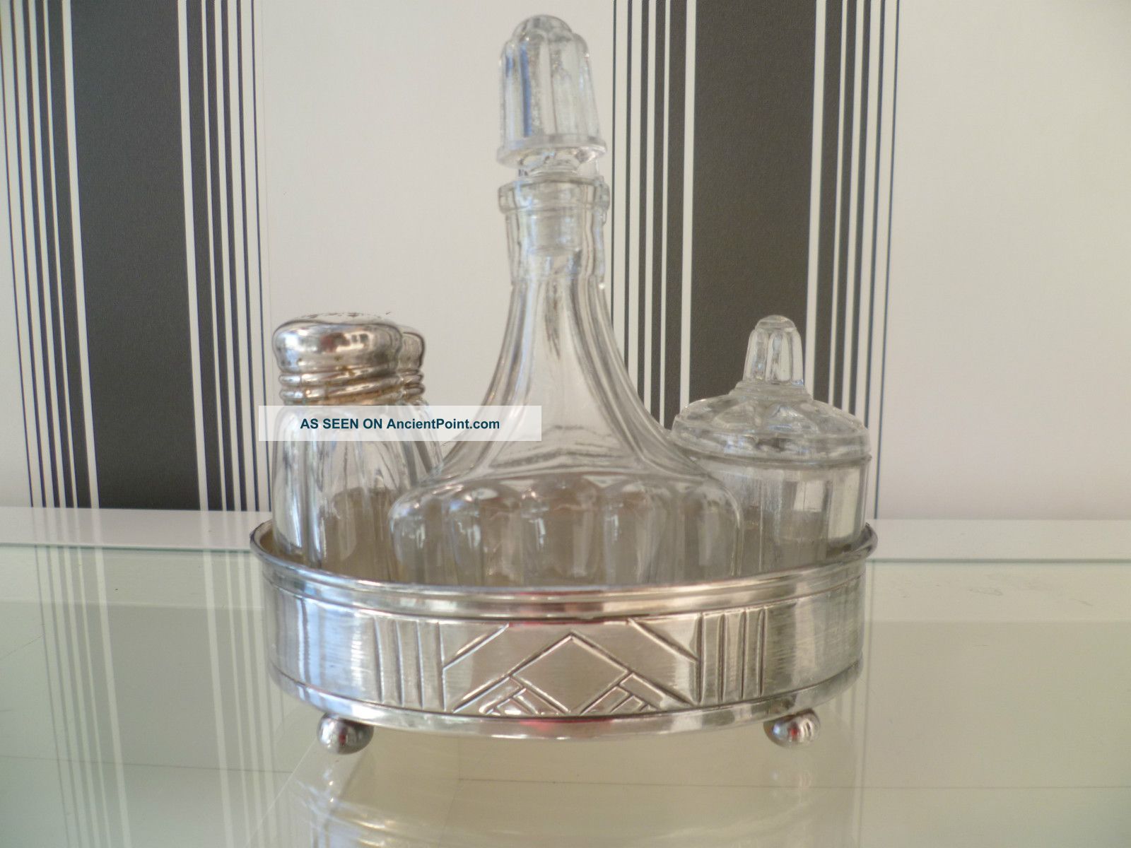 Lovely 1920 ' S Art Deco Six Piece Silver Plated Condiment Set - French Geometric Salt & Pepper Cellars/ Shakers photo