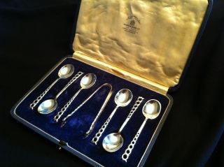 Mappin & Webb Set Of 6 Coffee/tea Spoons And 1 Sugar Tong - With Case photo