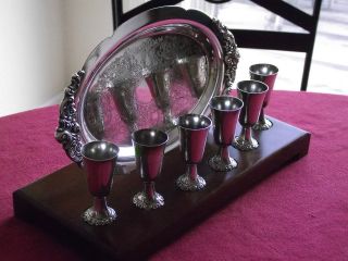 Antique Baroque Wallace Silver Tray & 6 Goblet Set W/ Wooden Display Stand photo