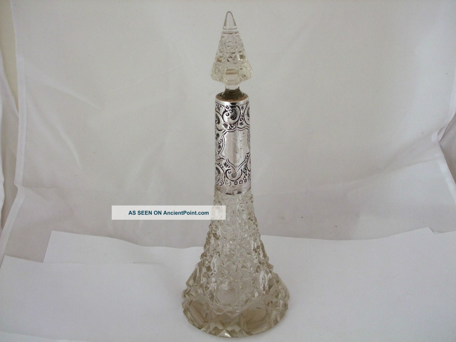 Antique Silver Collar Steeple Perfume Scent Bottle Hm 1909 Fine Cut Glass Base Bottles photo