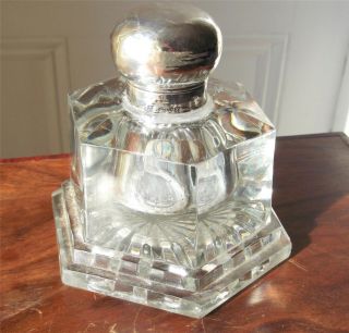 Edwardian Heavy (757g) Silver Topped Hexagonal Cut Glass Inkwell - Chester 1910 photo