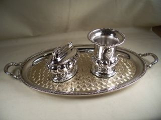 Antique Silverplate Ronson Crown Table Lighter Set photo
