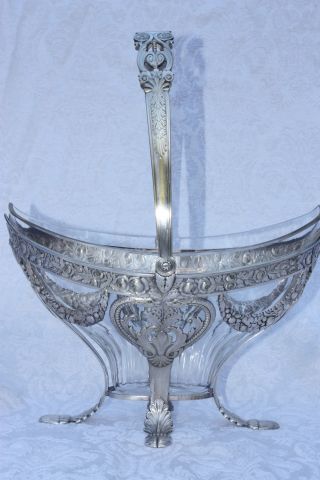 Antique Wmf Silver Plate Art Nouveau Serving Basket Glass Liner Swing Handle photo