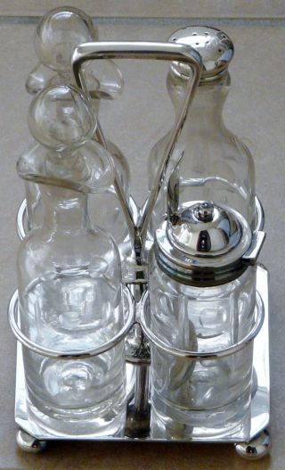 Early 20th Century Silver Plated Cut Glass 4 Piece Cruet Set & Stand photo