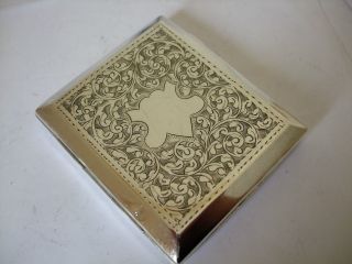 Antique Silver Cigarette Case 1922 Engraved Swirls Art Deco Square Cut Corners photo