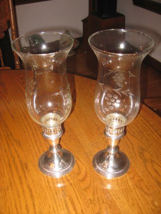 2 - Sterling Silver Hurricane Candlesticks.  Empire,  Etched Globes,  Vintage,  Vgc photo