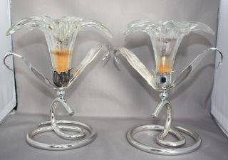 Vintage 1960 ' S Silver Plated & Glass Floral Candle Stick Holders photo
