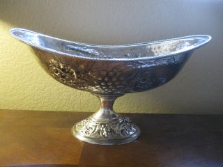 Antique Silver Plated Hand Hammered Pedestal Oval Fruit Bowl Grapes Vines Leaves photo